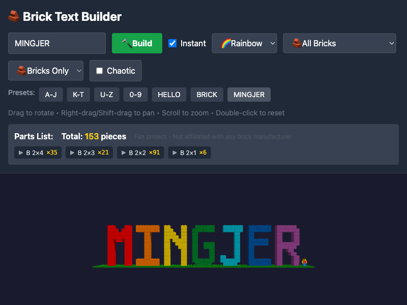Brick Text Builder showing MINGJER in colorful 3D bricks